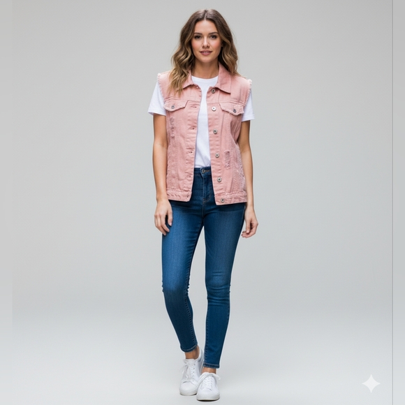 Love Tree Women's Pink Distressed Denim Vest Size Small EUC - Picture 5 of 11